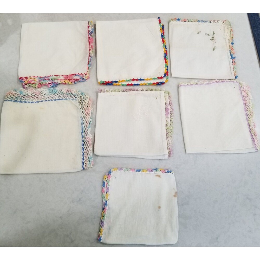 Vintage Handkerchief Lot of 7 White Linen Cotton Hand Crocheted Lace Trim Edging